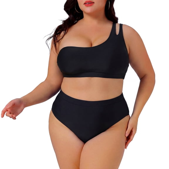 Agnes Orinda Women's Plus Size Two Piece Swimsuit One Shoulder High Waisted Bikini Keyhole Bathing Swimwear Set 1X Black