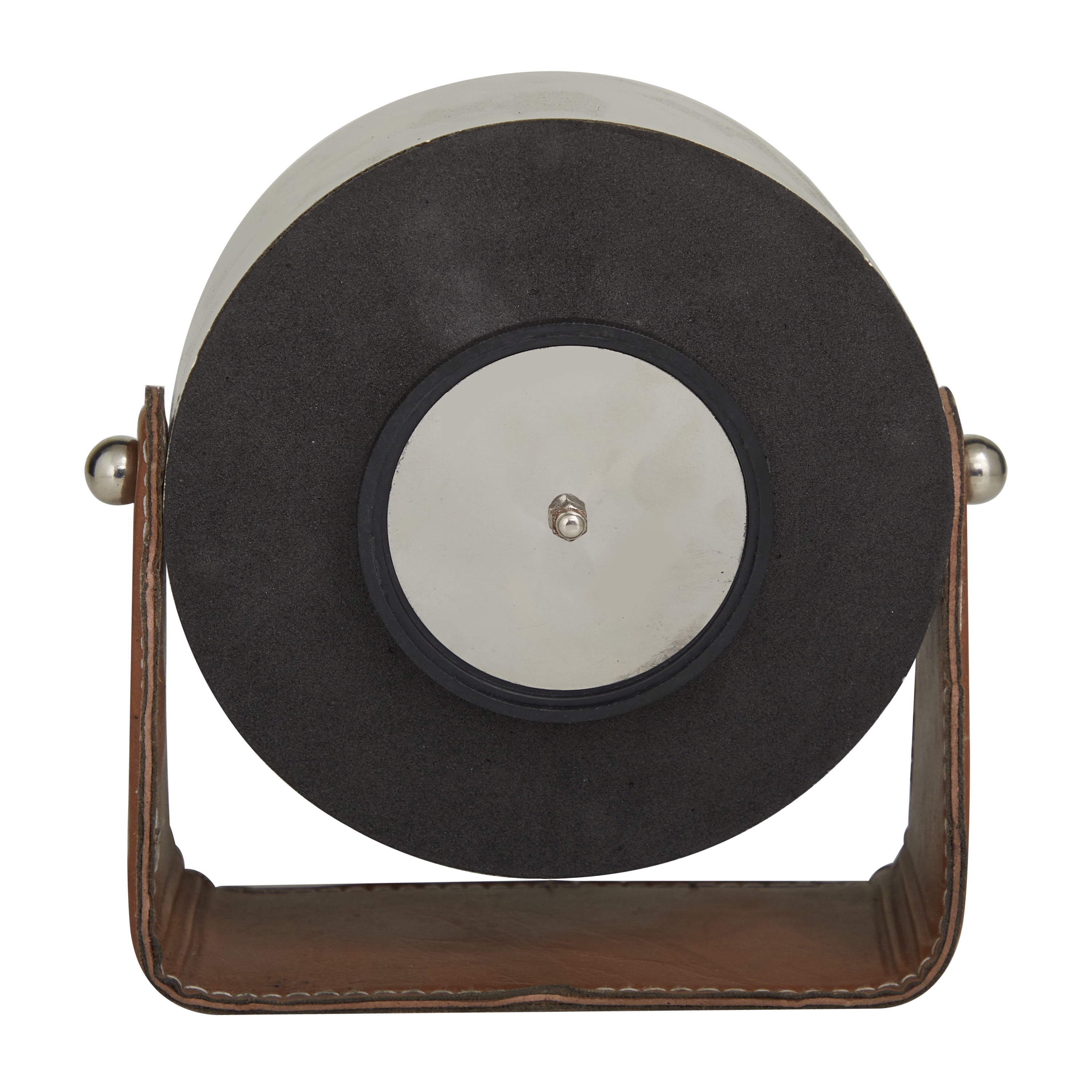 DecMode Stainless Steel Modern Round Decorative Desk Clock 7"W x 7"H, with Metallic Silver and Leathery Brown Stand