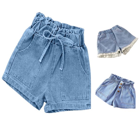 Asxite Toddler Pants Girls Solid Denim Shorts Lightweight Elastic Waist Comfy Drawstring