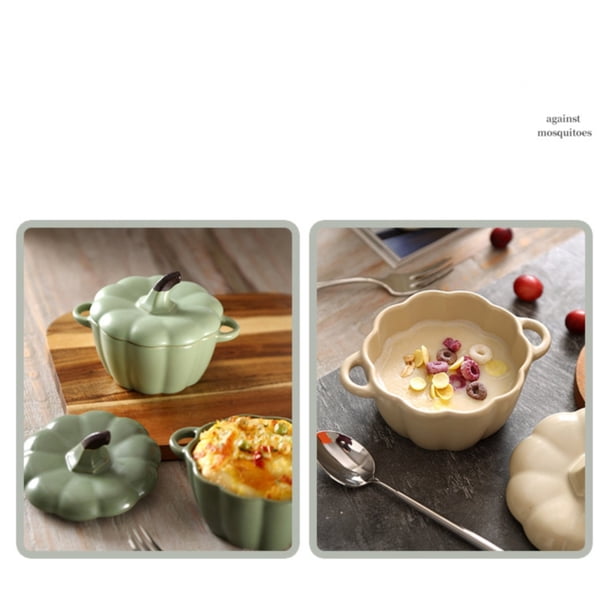 Faitout hollandais avec couvercle, 425,2 g, mini plat de cuisson, casserole à dessert en céramique avec double poignée, cocotte en poterie couverte, pour Halloween, Thanksgiving (vert