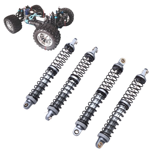 amortiguadores de doble etapa para vehículos rc de 110 mm, de aleación ligera, para coches rc 1/10, todoterrenos. Cuatro amortiguadores de 110 mm (color Ti) sobre fondo blanco; cuerpos de aleación con muelles helicoidales negros, anillos roscados de ajuste y ojales metálicos en extremos. Compatible con coches RC 1/10; a menudo usado como reemplazo de suspensión en modelos todoterreno o crawler por su tamaño compacto.