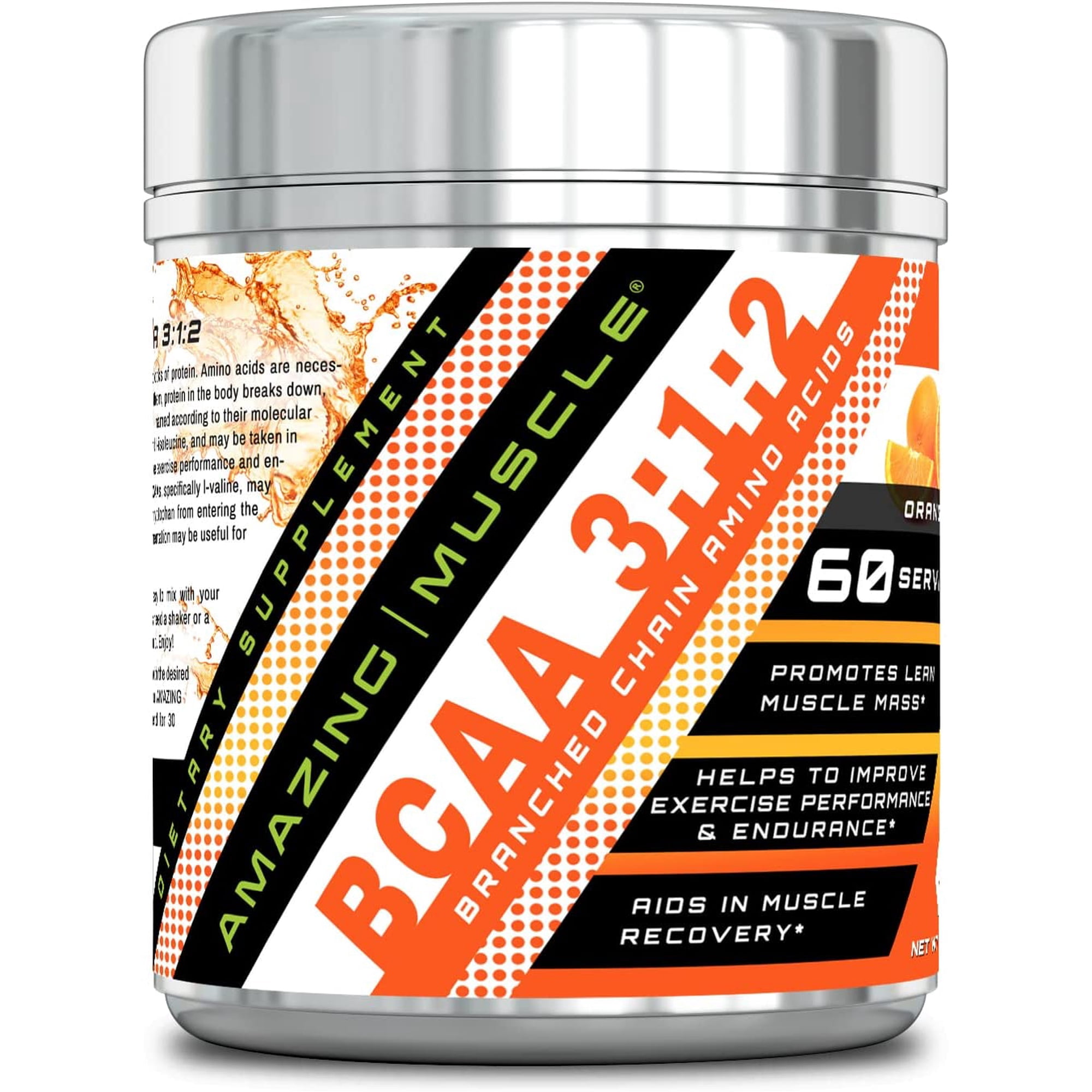 Amazing Muscle BCAA 3-1-2-60 Servings with Enhanced Chain Amino Acids Like L-Leucine, L-Valine, L-Isoleucine and More - Promotes Lean Muscle Mass - Helps to Improve Exercise Performance (Orange)