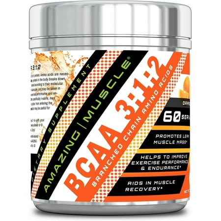 Amazing Muscle BCAA 3-1-2-60 Servings with Enhanced Chain Amino Acids Like L-Leucine, L-Valine, L-Isoleucine and More - Promotes Lean Muscle Mass - Helps to Improve Exercise Performance (Orange)