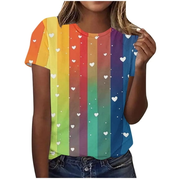 Womens Cute T-shirts with Love Heart Prints Loose Fit Valentines Holiday Casual Tees Plus Size Crew Neck Tops (XL, Multicolor)
