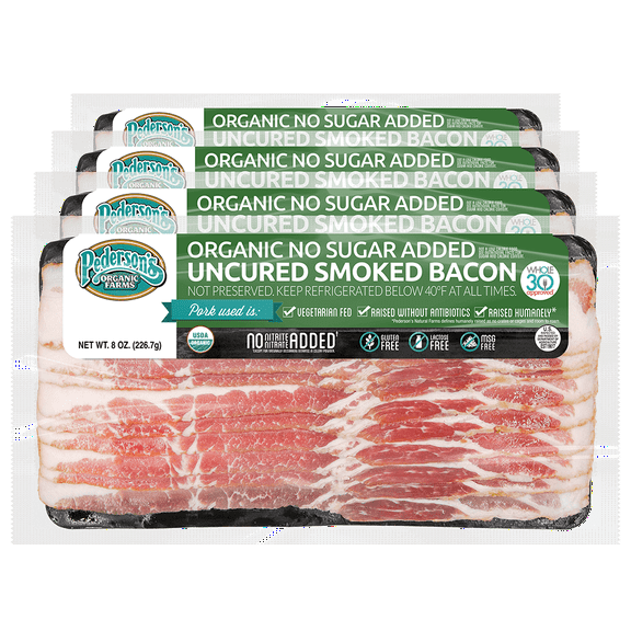 Pedersons Farms, Organic No Sugar Added Uncured Smoked Bacon (4 Packages, 8 Ounces Each)