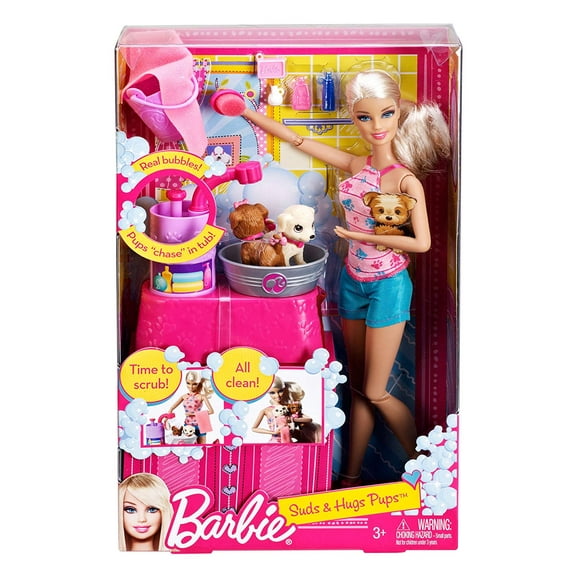 Mattel Barbie Suds & Hugs Pups Doll Playset, 8 Pieces