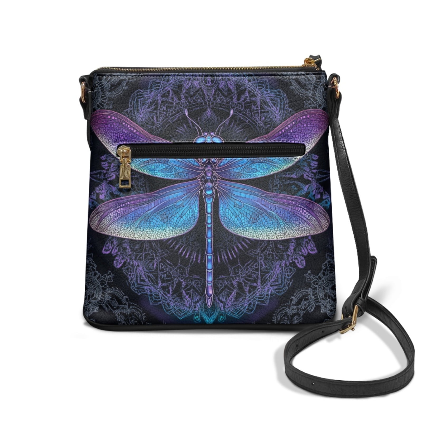 LedBack Dragonfly Print Leather Women Crossbody Satchel Bag Portable Mandala Flower Shoulder Handbag with Adjustable Strap Zipper Hobo Bag Cross Body Bag with Multi Pocket, Blue