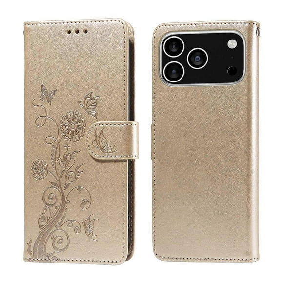 For iPhone 17 Pro Leather Case Butterfly Floral Imprint Wallet Stand Cover -