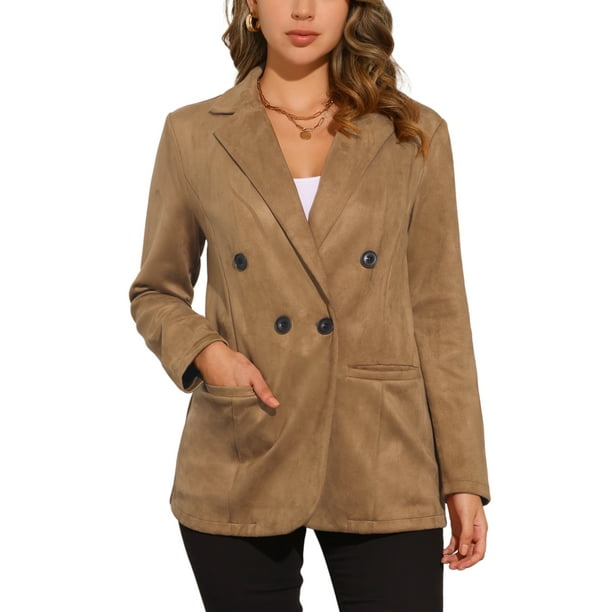 Blazer de ante sintético Inspire Chic para mujer, chaqueta de traje de doble botonadura con solapa, talla XL, marrón claro
