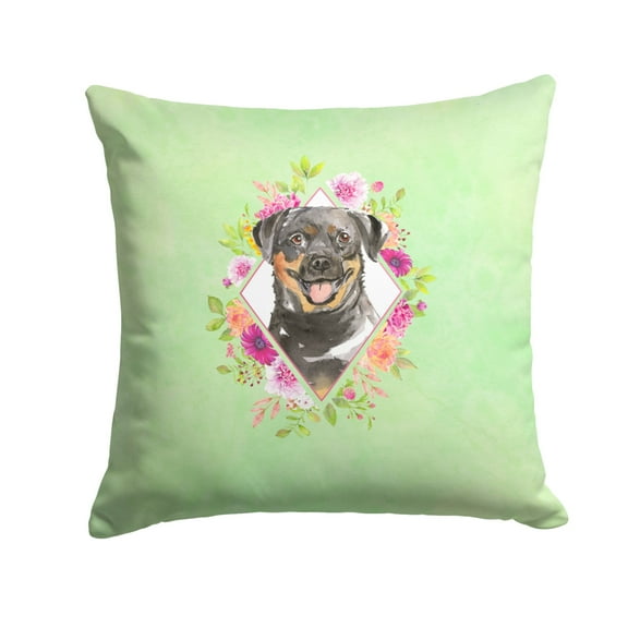 Carolines Treasures CK4377PW1414 Rottweiler Green Flowers Fabric Decorative Pillow  14Hx14W multicolor