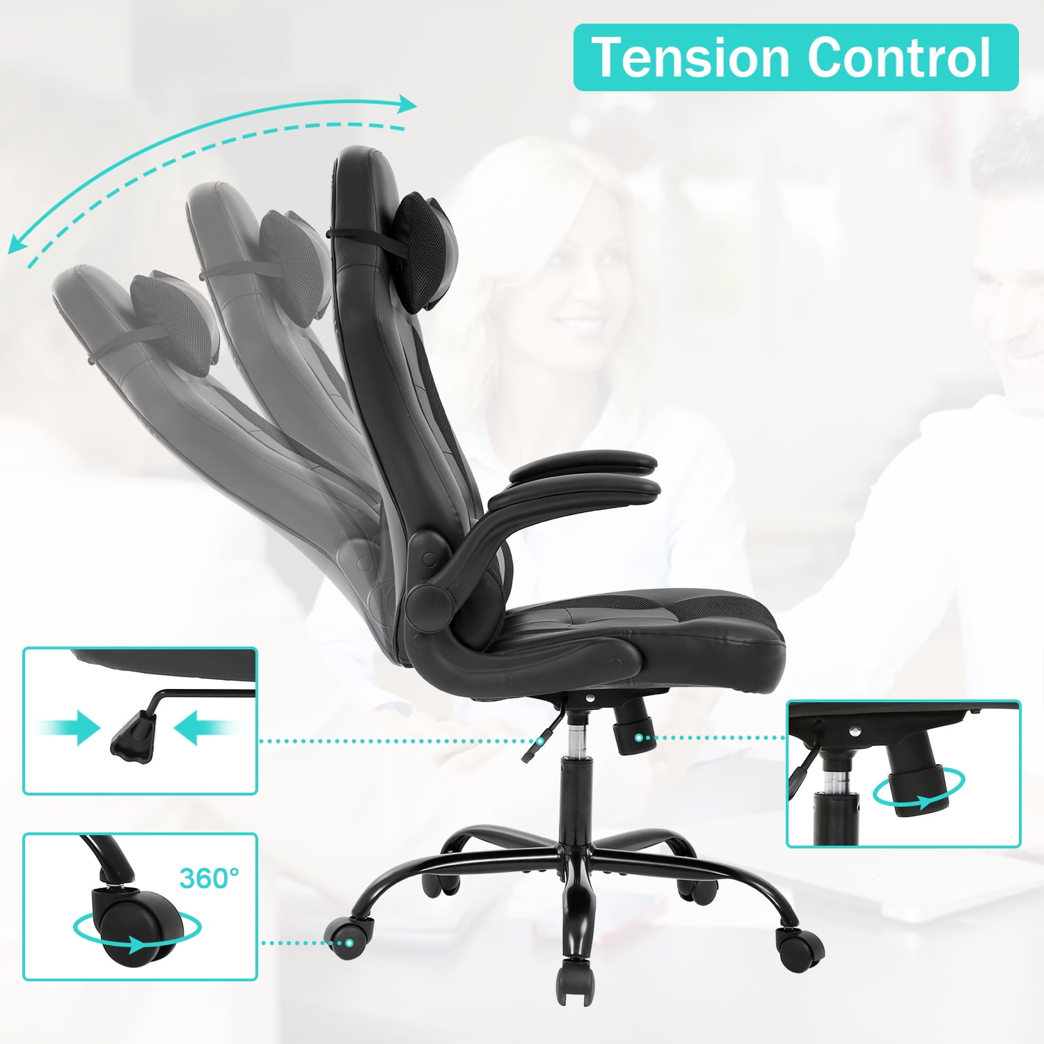 PC Gaming Chair Ergonomic & Adjustable Office Desk Chair Leather Reclining Computer Chair with Flip Up Arms Headrest for Adult Teen,Black