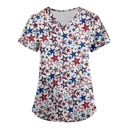 

Scrub Tops Women Stretchy Plus Size Short Sleeve V-Neck Independence Day Patterned Working Blouse Tops With Pockets