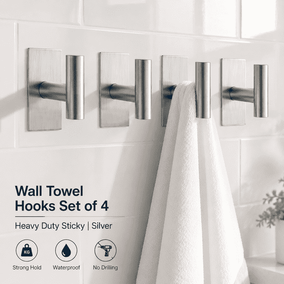 Heavy Duty Sticky Wall Towel Hooks, Waterproof Adhesive Coat Clothes Closet Mount Hooks for Kitchen Bathroom, Silver 4 Pack