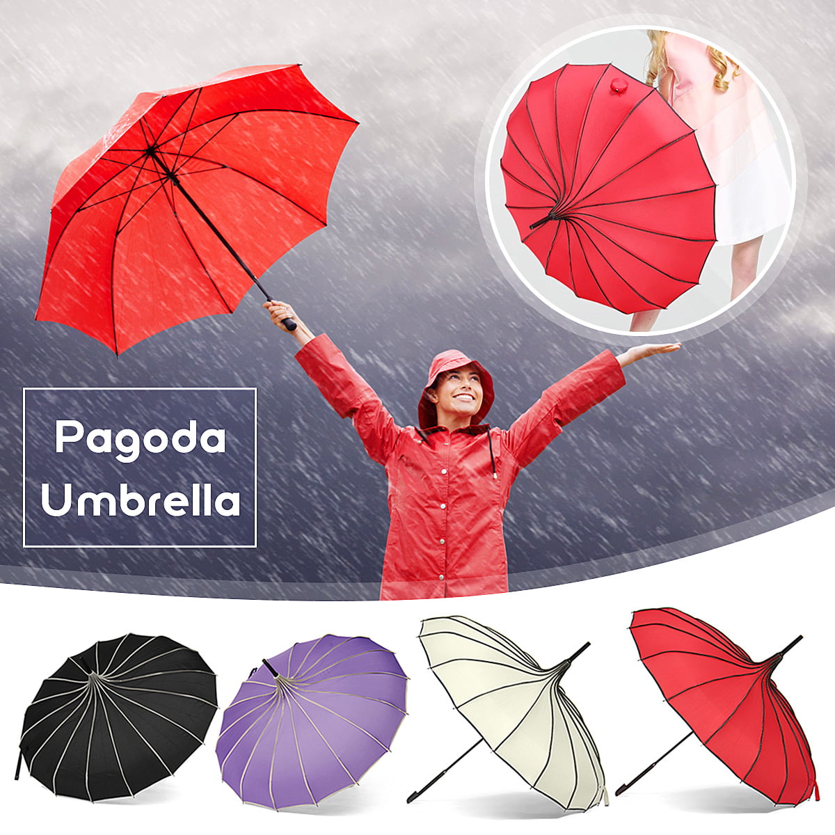 Light Year Antique Parasol Style Umbrella 190T Waterproof Fabric Cloth Carry Strap Collapsible Foldable Wooden Handle Windproof Sun Protection UV 24 Rib Black 44 x 44 x 33