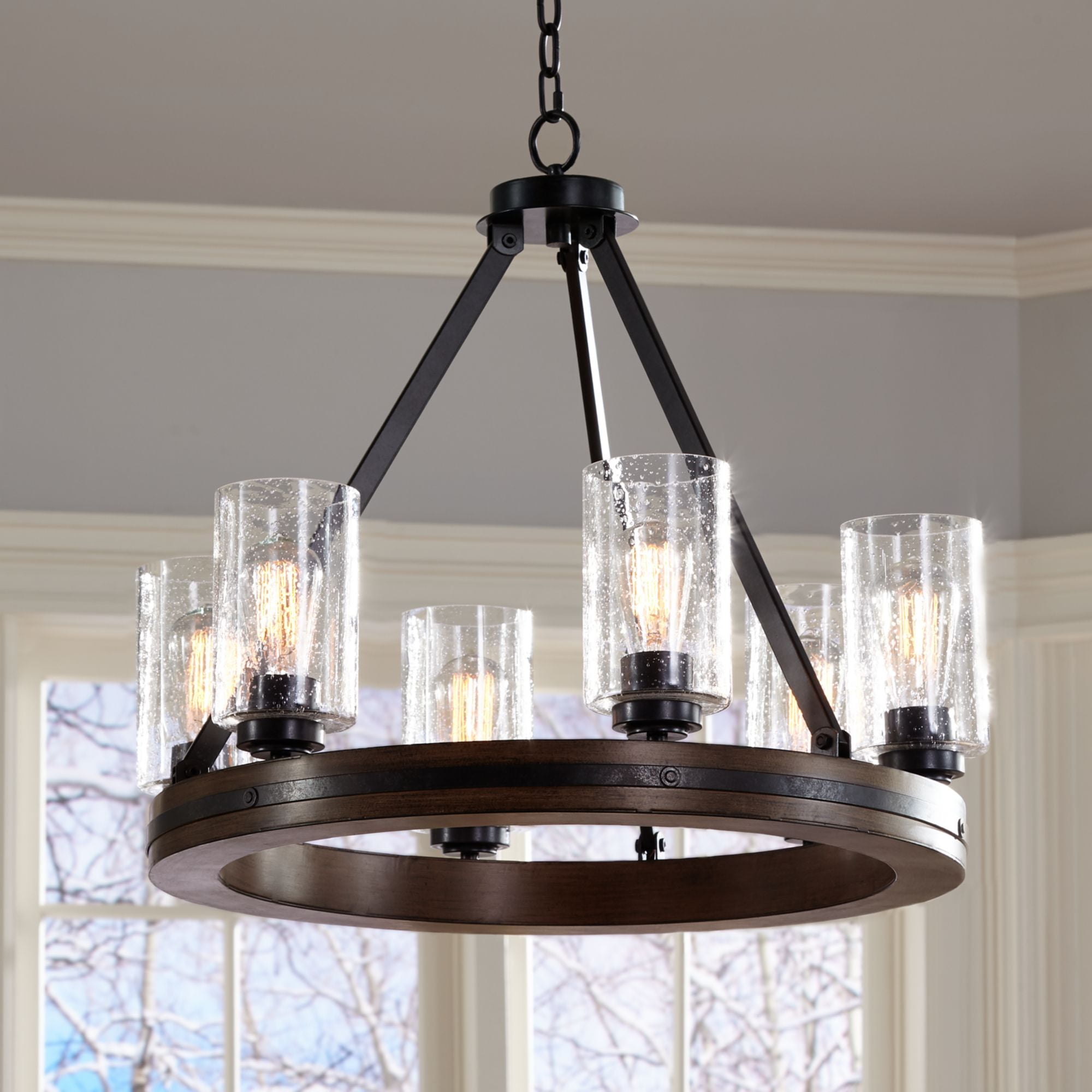 wooden wheel light fixture