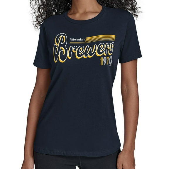 Women's Starter  Navy Milwaukee Brewers Groovy Script Team Fitted T-Shirt