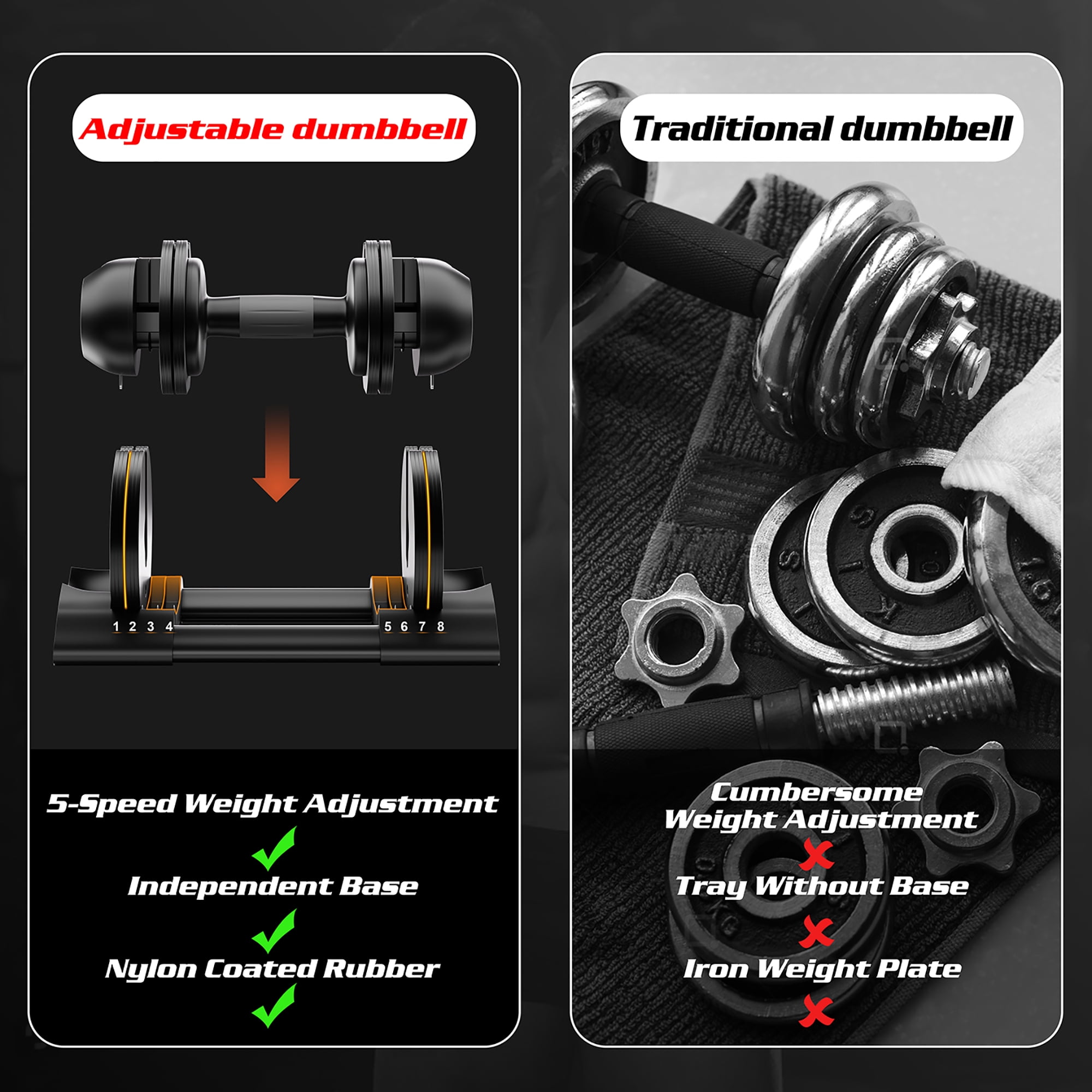 ALTLER Adjustable Dumbbell, Black, 22 lb/44 lb/52 lb with Tray