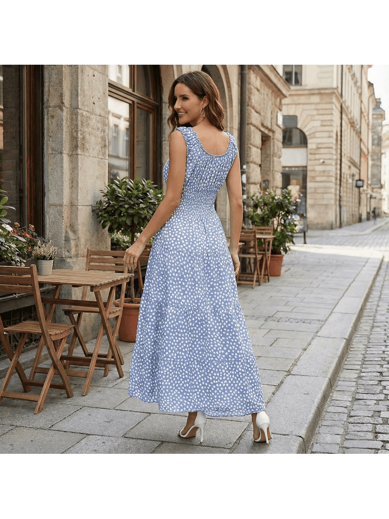 flattering boho dress SOMER Women's Summer Boho Dresses Dot Floral Print Tiered Casual Flowy  Beach Sundresses Long Maxi Dress Blue