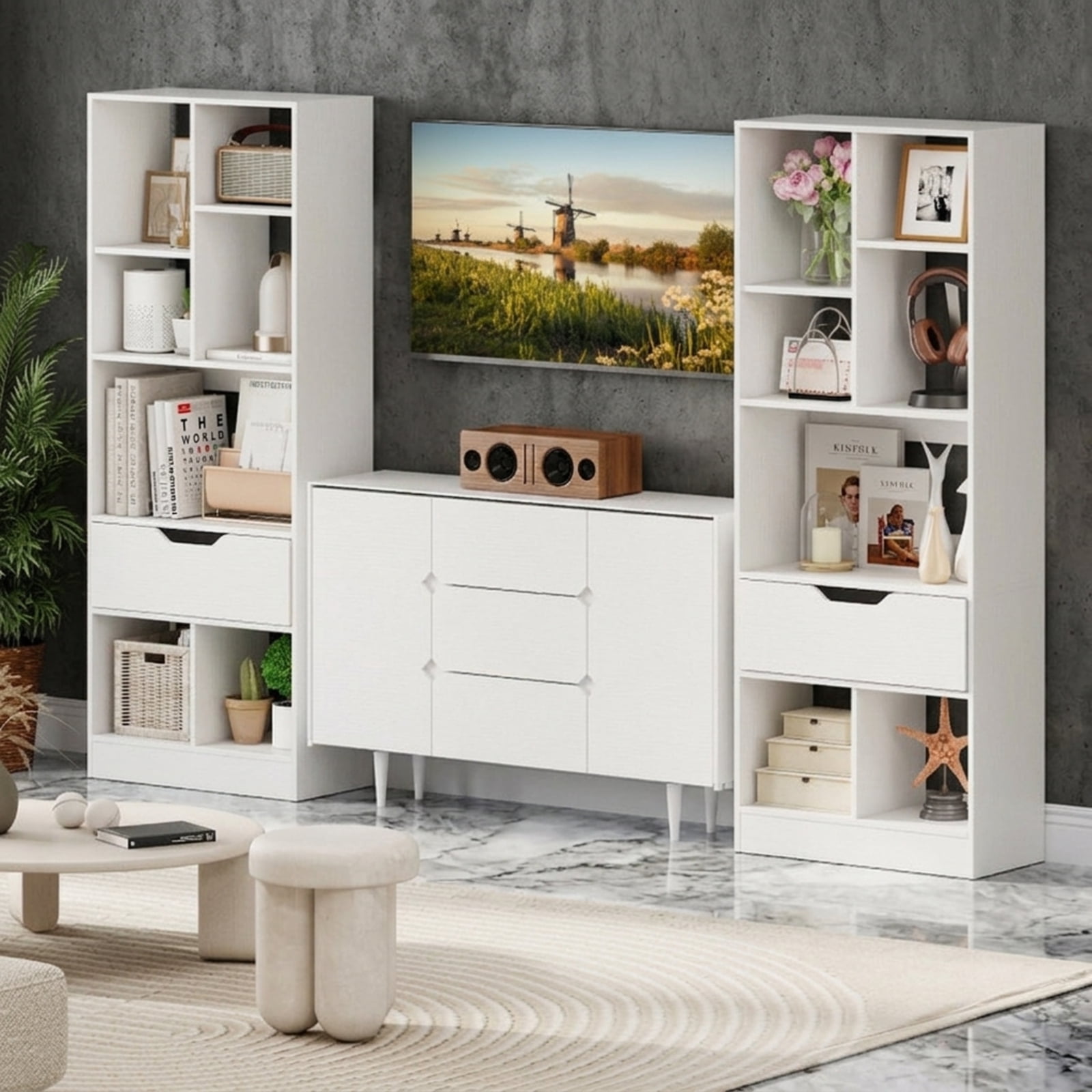 Furnibear 51 Inch Tall Freestanding Bookcase with Storage Drawer and 7 Open Cubes Slim Wood Storage Organizer for Bedroom and Office, White