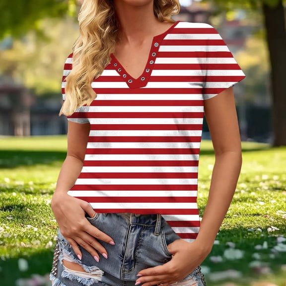 OSFVNOXV Summer Tops for Women Y2K Juniors Clothes V-Neck Shirt Sleeve Striped T-Shirts with Snap Buckles