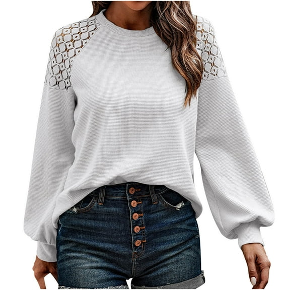 Oplxuo Women's Lace Hollow Loose Waffle Sweatshirts Solid Color Casual Long Sleeve 2025 Fall Winter Pullover Tops
