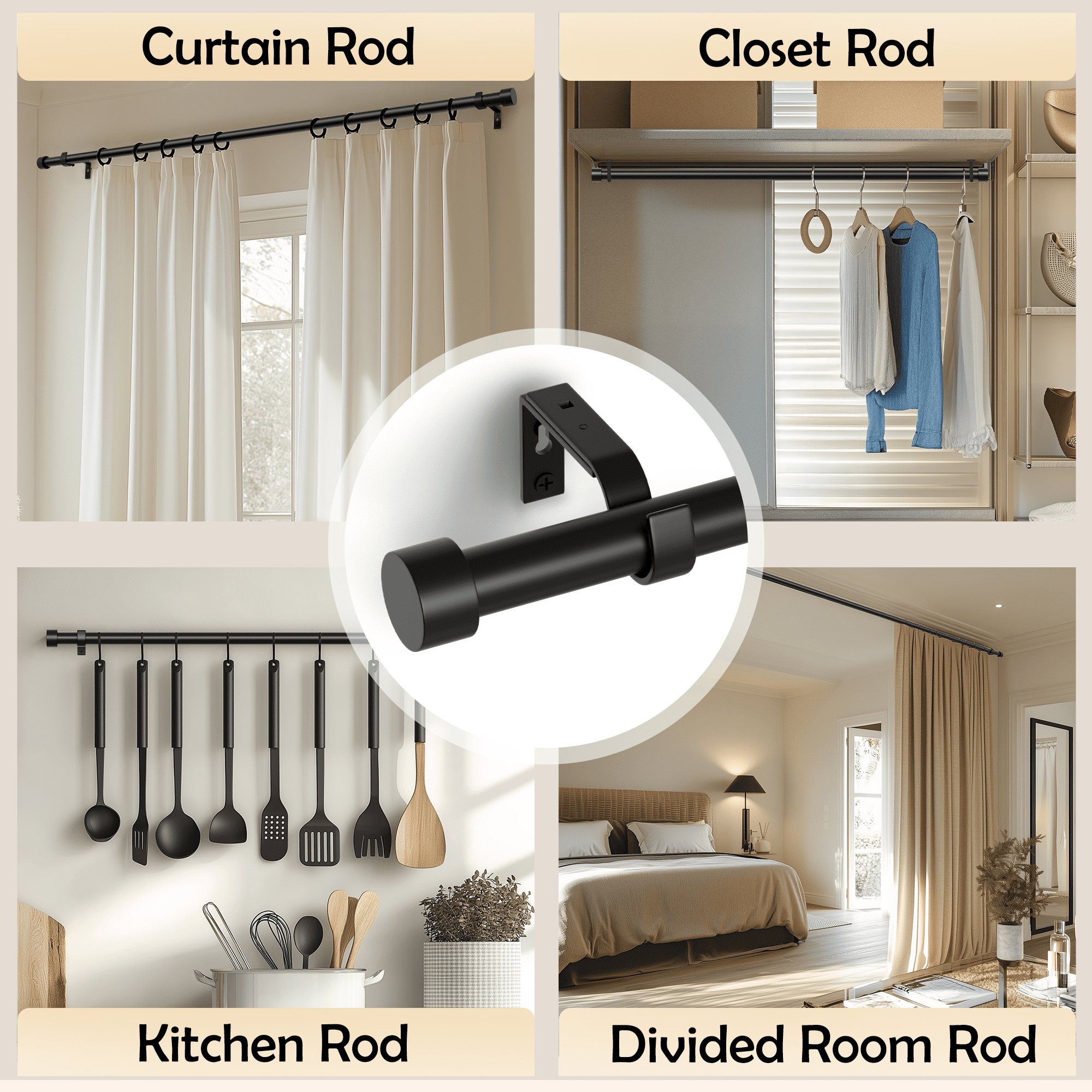 66"-120" Black Curtain Rods,1 inch Diameter Window Curtain Rod Set, Heavy Duty Curtain Rods with Aluminium Finials,Black