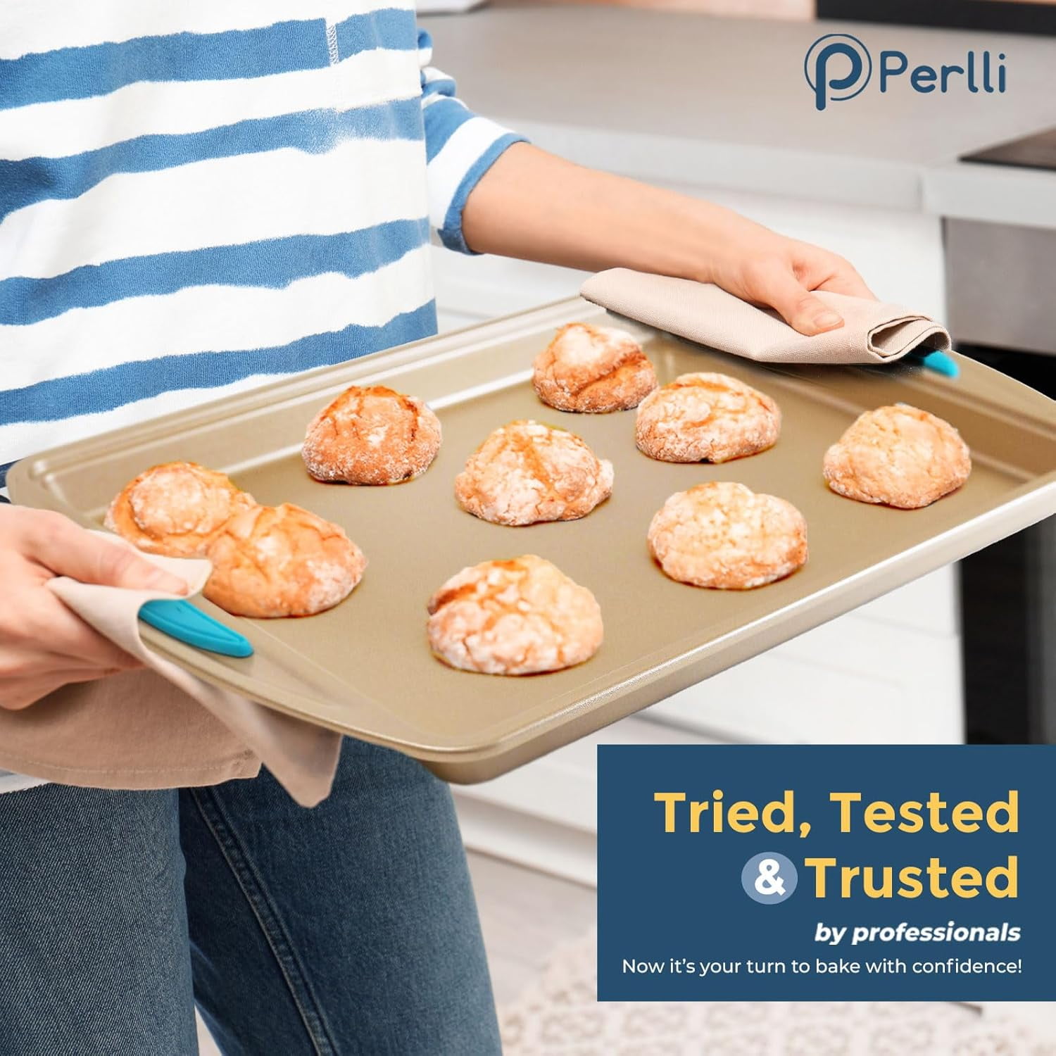 PERLLI 10-Pc Non Stick Baking Pans Set Gold Bakeware with Blue Silicone Grips