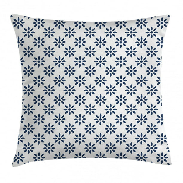 Floral Throw Pillow Cushion Cover, Abstract Stylized Flower Petals Summer Season Elegance in Creamic Colors Pattern, Decorative Square Accent Pillow Case, 20 X 20 Inches, Indigo White, by Ambesonne