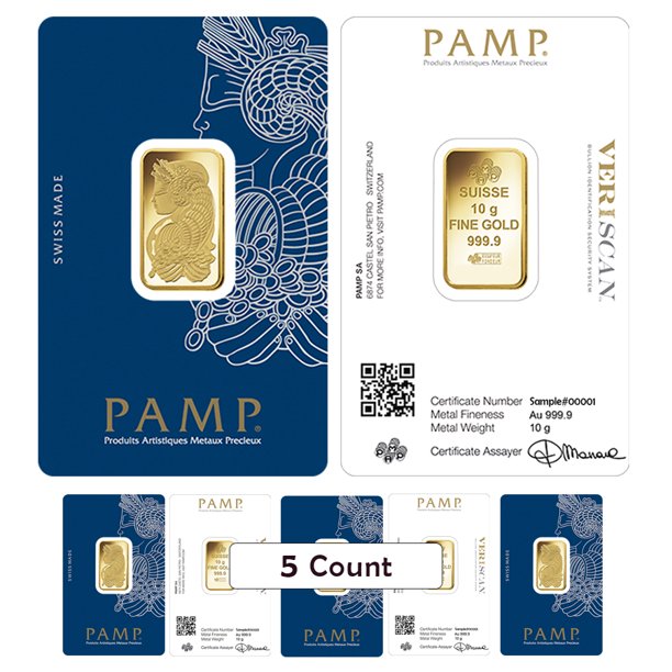 Lot Of 5 - 10 Gram Gold Bar Pamp Suisse Lady Fortuna Veriscan .9999 