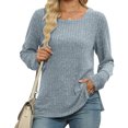 thumbnail image 3 of QUNYINEY Casual Womens T Shirts Long Sleeve Square Neck Solid Blue Tops Loose Ribbed Drop Shoulder Pullover Split Hem T-Shirts, 3 of 6