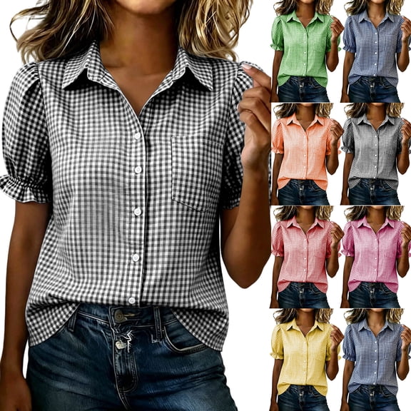 Admvng Women's Gingham Plaid Shirt Lapel V Neck Puff Ruffle Short Sleeve Chest Pocket Button Down Casual Blouse Tops