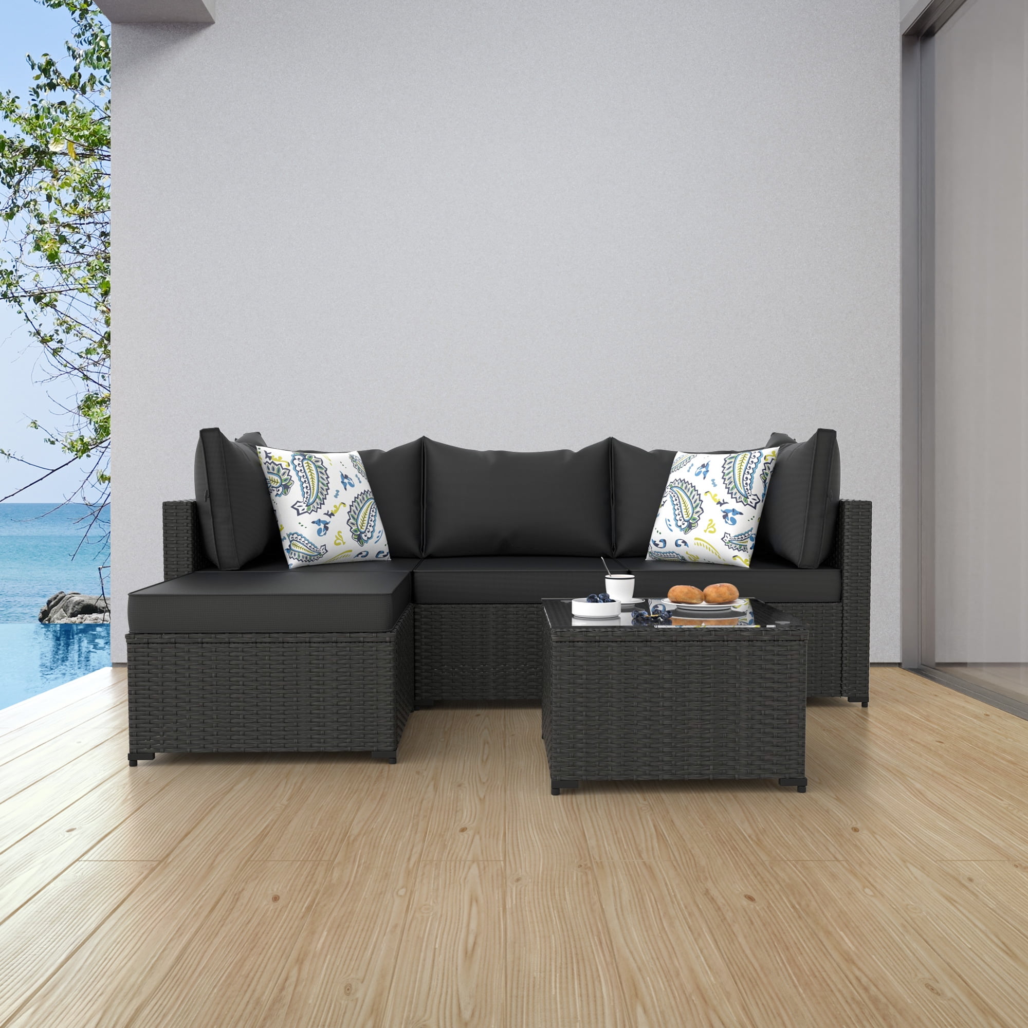 Phonjoroo 5PCS Patio Furniture Sets All Weather Outdoor Sectional Sofa Manual Weaving Wicker Rattan Outdoor Conversation Set with With Cushion And Glass Table, Black