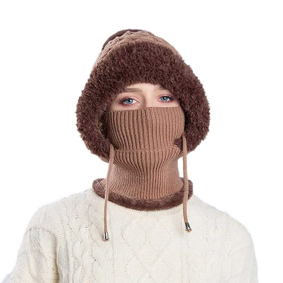 ZUKMRJPC 3 in 1 Beanie Hat for Women Fall Winter Warm Comfy Knitted Hat Solid Color Windproof Ski Scarf Mask with Pompom