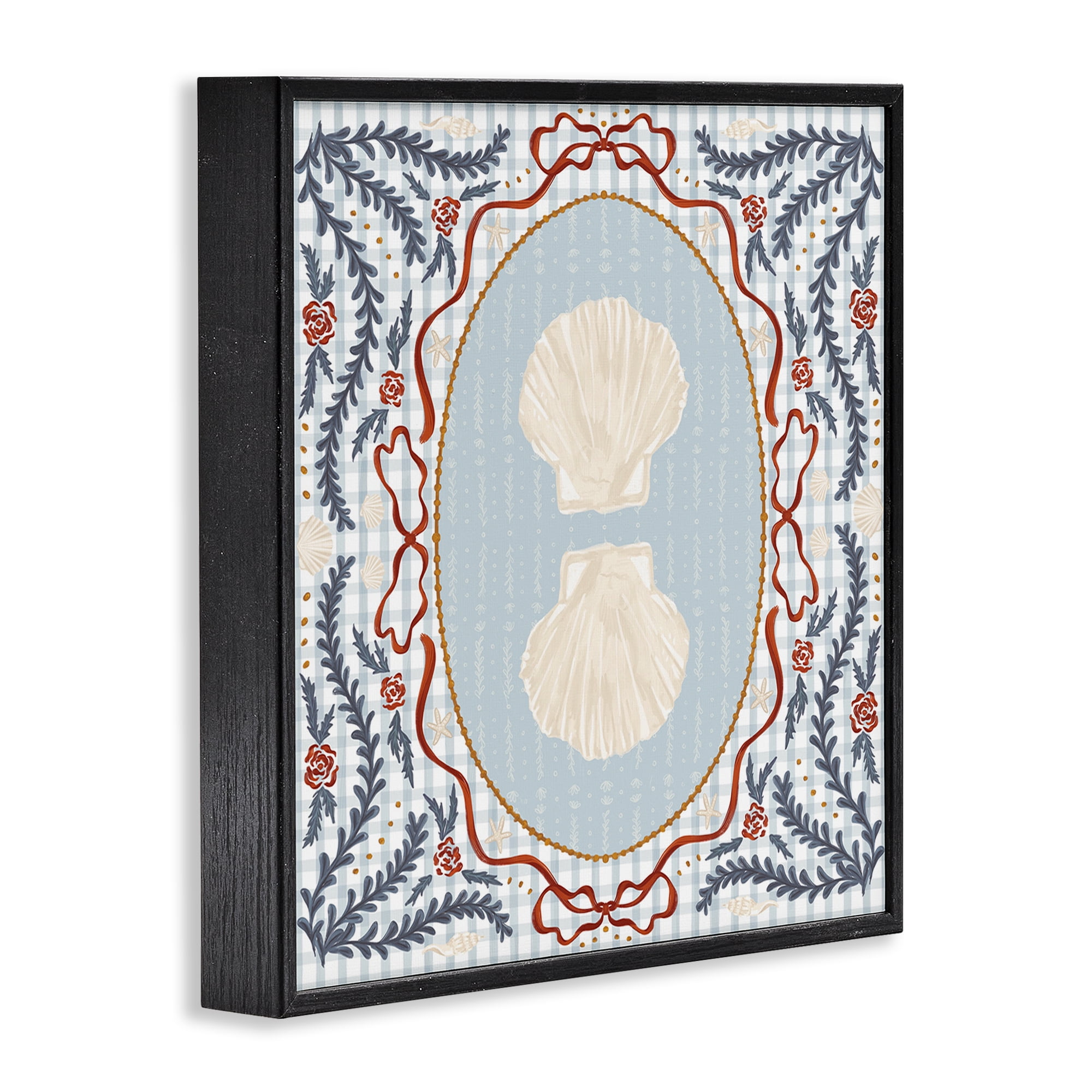 Stupell Industries Shells Portrait on Gingham Black Framed Giclee Art, design by Vero Illustrates