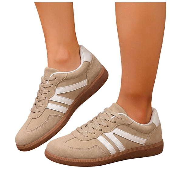 HEWUQI Women's Lace up Fashion Sneakers Trendy Stripe Athletic Walking Shoes Cushioned Insoles Shoes for All Day Wear Khaki Size 5.5