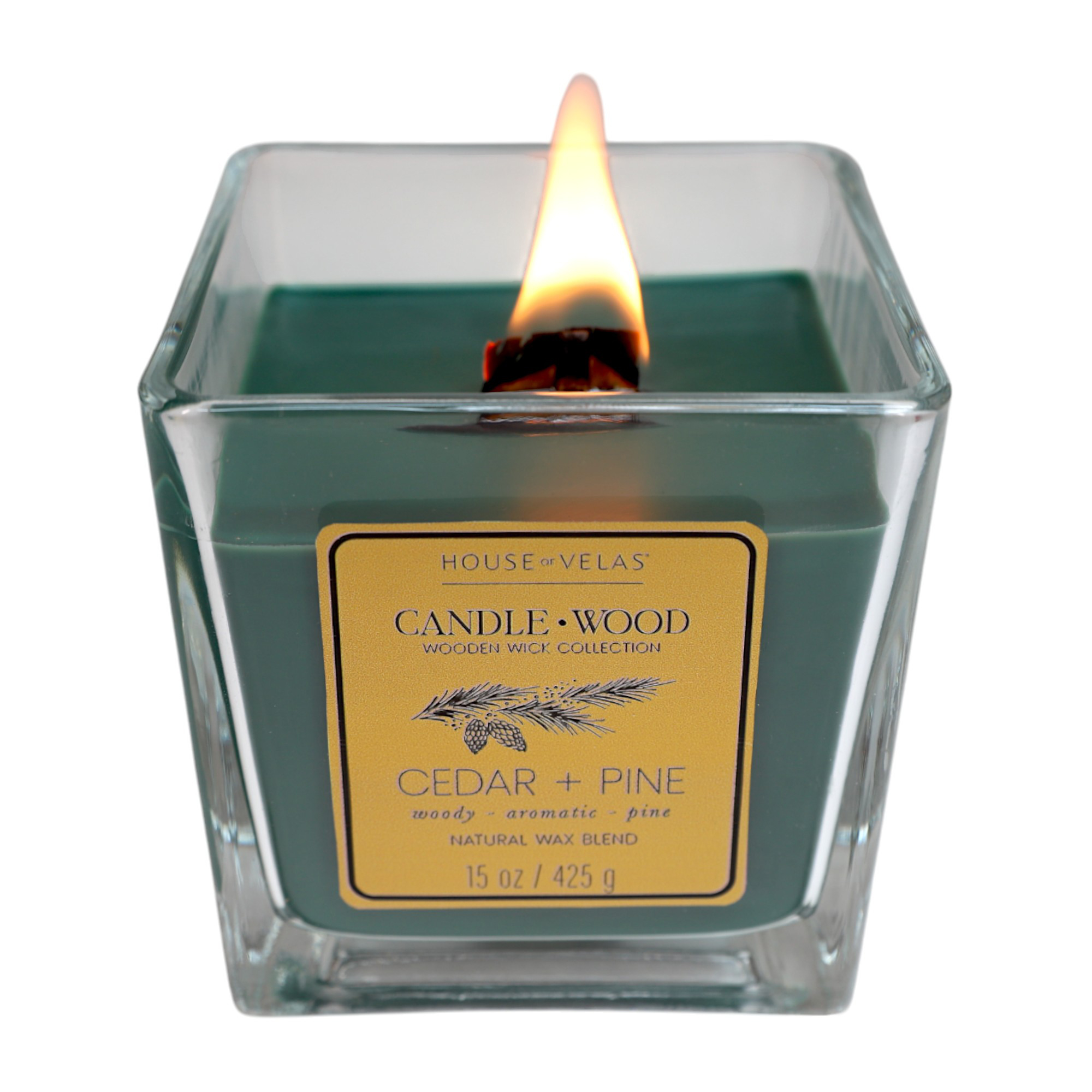 House of Velas Candle Wood Holiday Collection, 15 oz, 1 Wooden Wick, Cedar + Pine, Square Glass Jar Candle