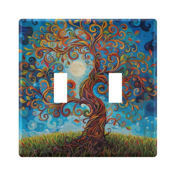 2 Gang Light Switch Cover Plate Lift Tree and Moon Wall Plate Decorate Electrical Outlet Cover Plates 4.56”x4.48”