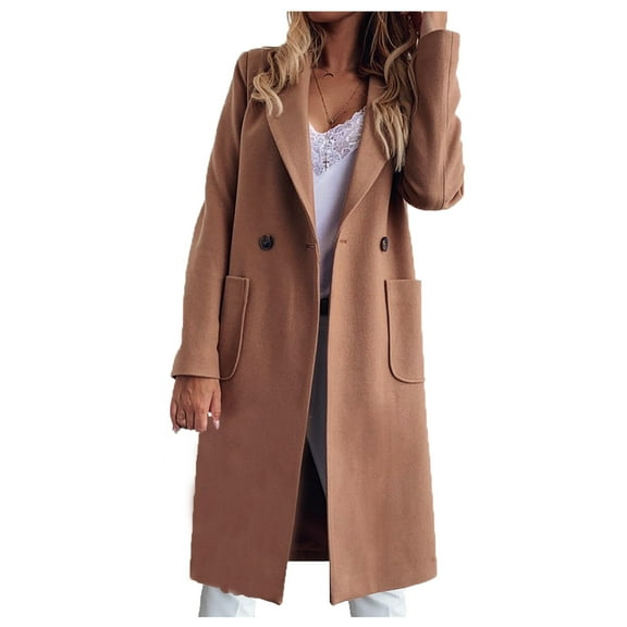PMVFHDE Womens Winter Coats Solid Color Fashion Daily Elegant Long Length Pocket Notch Lapel Button Coat for Fall and Winter Khaki,XL