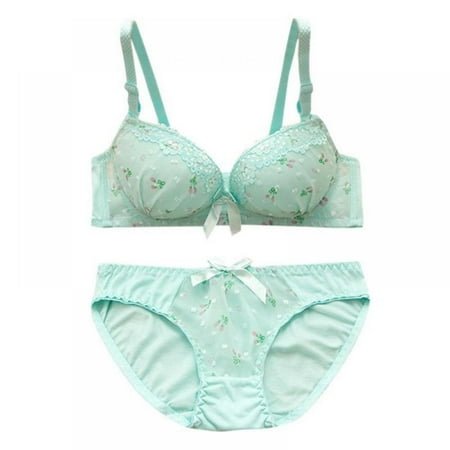 

Print Bow Lace Cotton Underwear Sets Women Underwire Push-up Bra & Mid Waist Panty