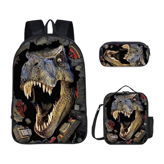 Dinosaur Backpack with Insulated Lunch Bag and Pencil Case, 3 in 1 Backpack Set, Laptop Backpack, Nylon Material, 17 Inch