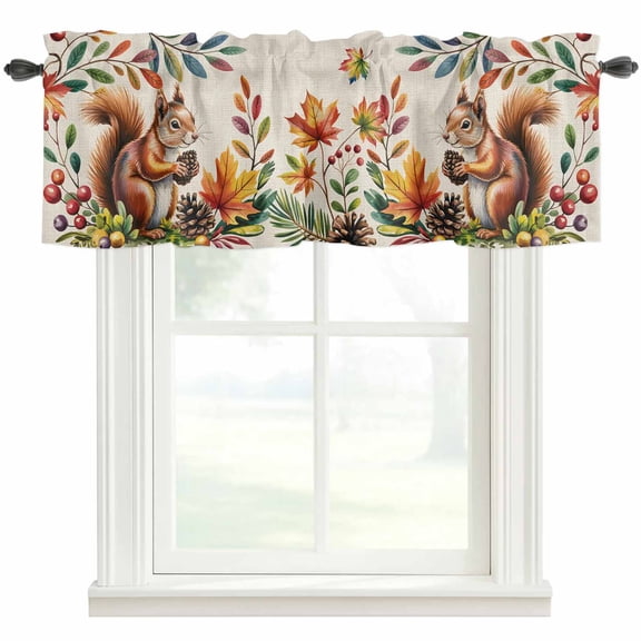 Colorful Squirrel Farmhouse Short Window Curtain Valances, Botanical Berry Pine Cones Rustic Rod Pocket Kitchen Valances for Living Room Bedroom Bathroom Cafe 54" x 18"