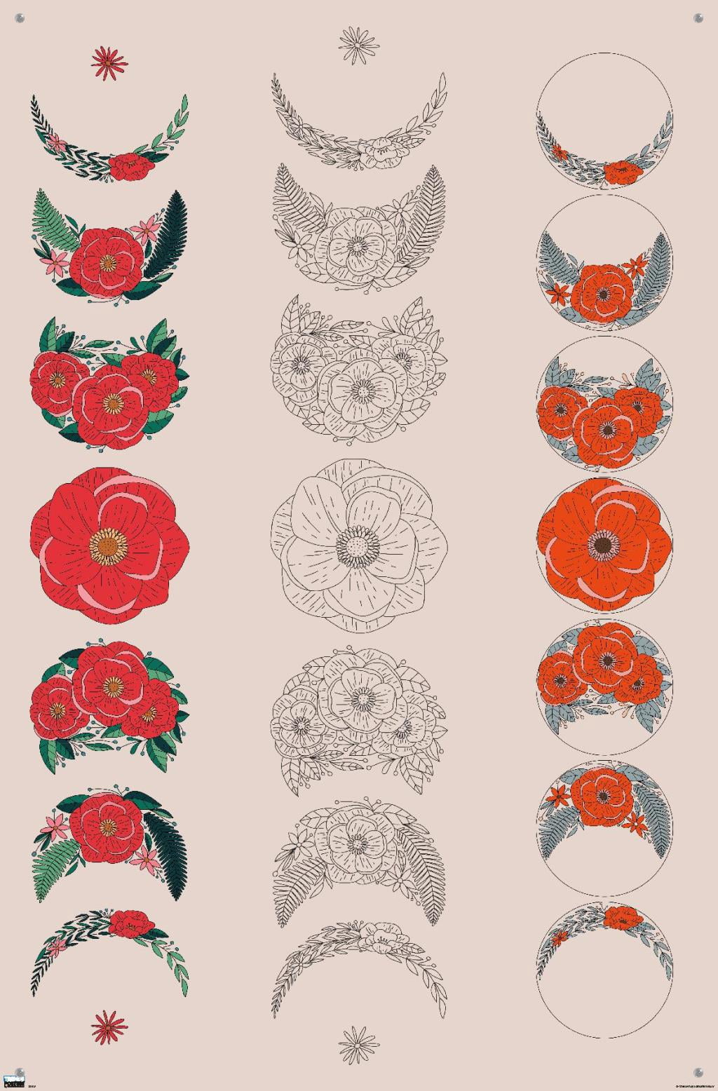 Floral Phases of the Moon Wall Poster with Pushpins, 22.375" x 34"