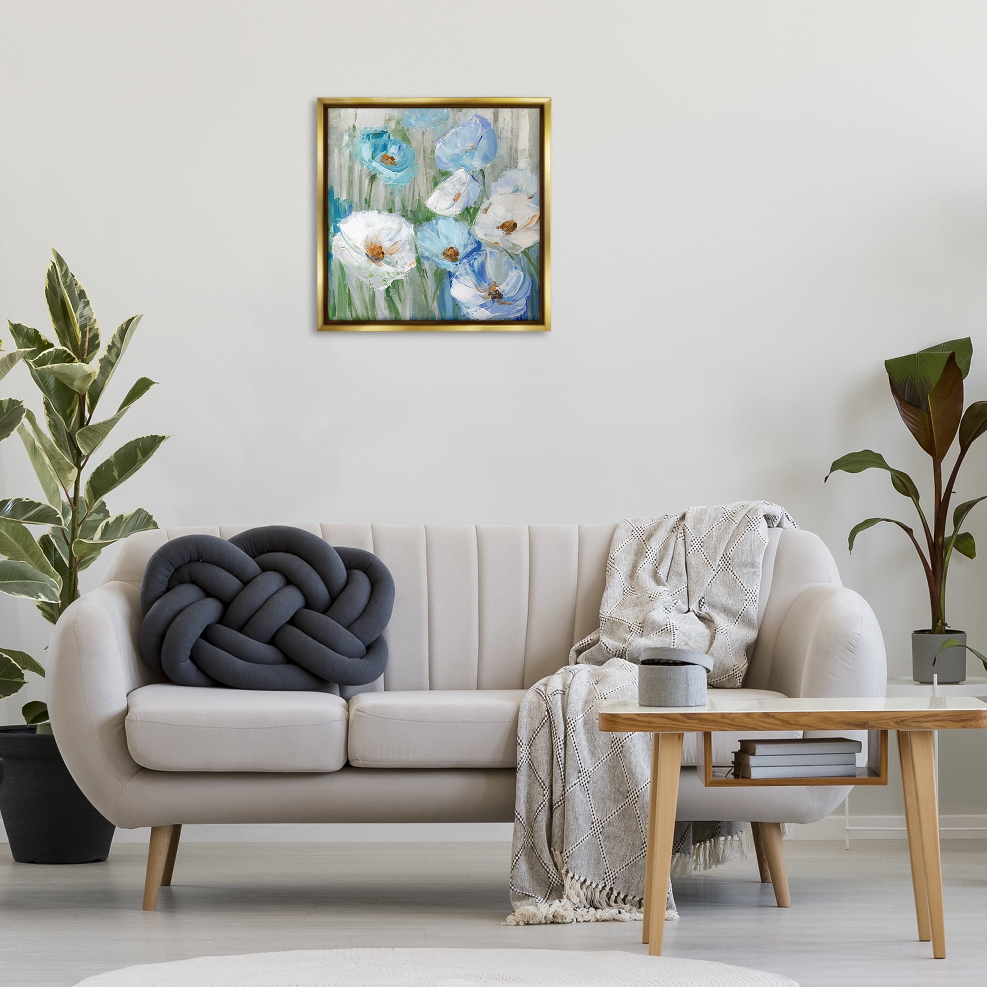 Stupell Industries Blue & White Poppies Plants & Flowers Painting Gold Floater Framed Canvas Art Print Wall Art, 25 x 25