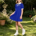 thumbnail image 6 of Girls Back To School Uniform Dress Lapel Puff Short Sleeve Cute Print Dresses Casual Loose Trendy Summer Wear (11 Years, Blue), 6 of 7