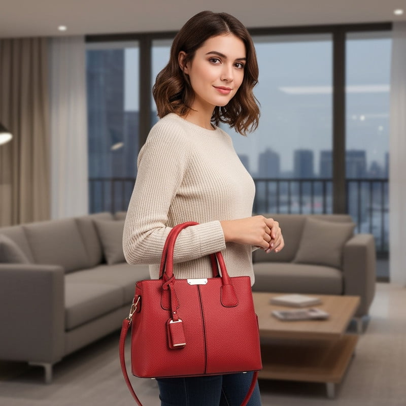 Women’s Large PU Leather Tote Handbag with Removable Shoulder Strap, Roomy Satchel Purse with Multiple Pockets for Work & Travel, 11.8×5.1×8.3 inches(Red)