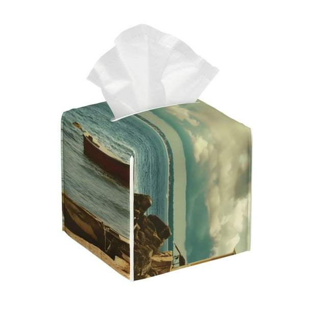 Fotbe Serene Coastal Blue Sky Porta Pañuelos Decorativo de Cuero, Caja Cuadrada Moderna para Pañuelos Faciales, Organizador y Dispensador 5x5x5''