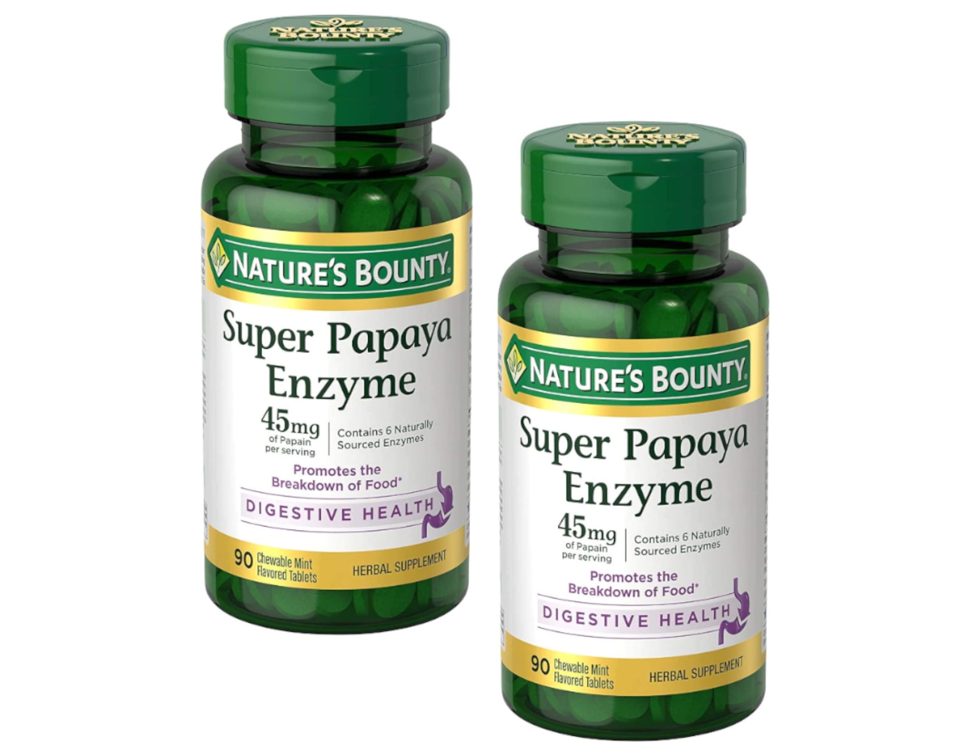 Nature's Bounty Super Papaya Enzyme Chewable Mint Flavored Tablets 45mg, 90 Count - Pack of 2