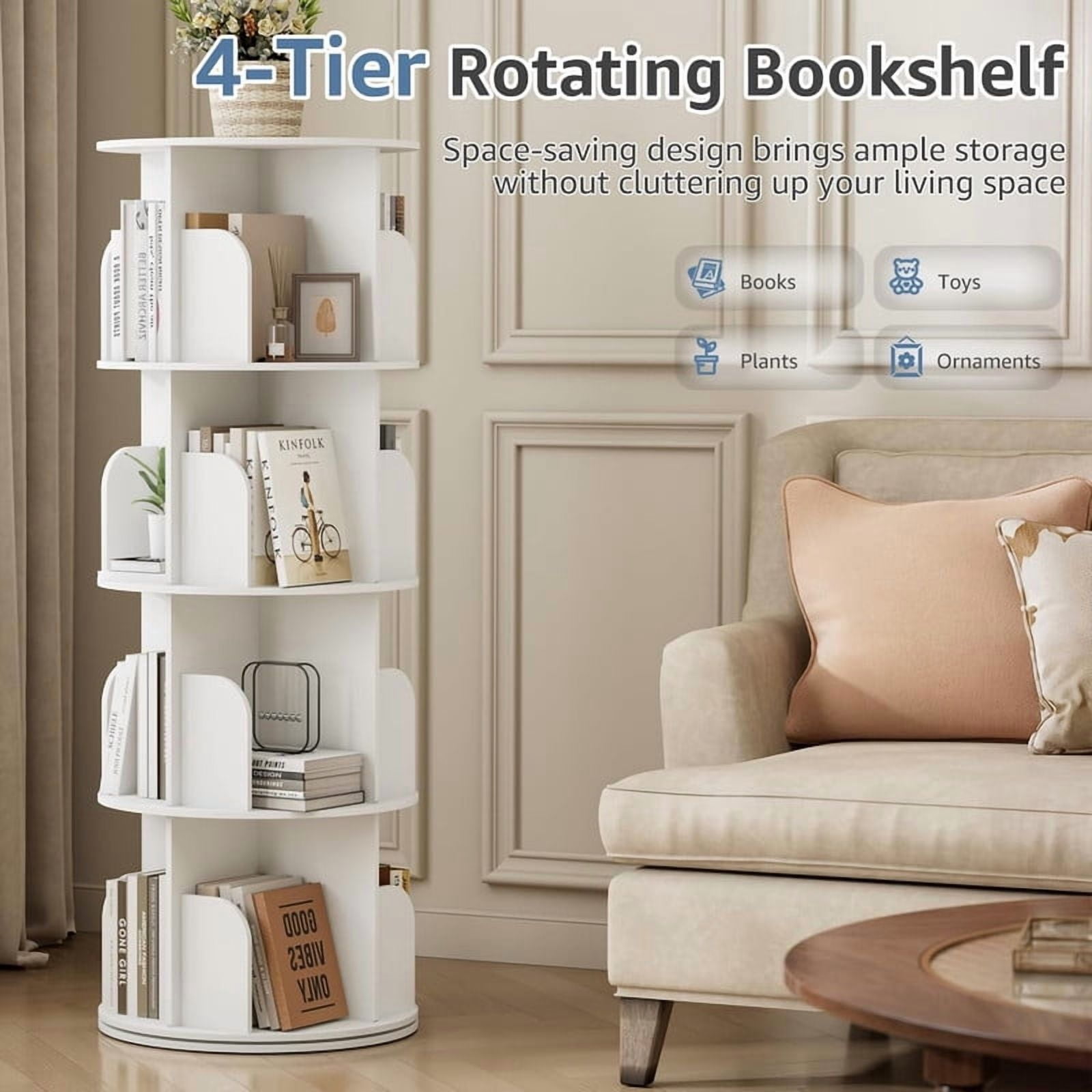 Simenmax 4-Tier Rotating Bookshelf Tower – 360° Spinning Bookcase for Small Spaces, Freestanding Vertical Corner Shelf for Bedroom, Living Room, Study, White