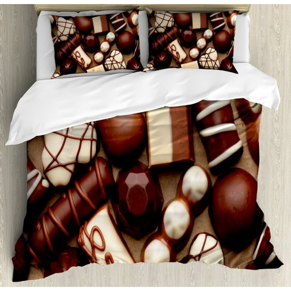 Chocolate Duvet Cover Set Queen Size, Chocolate Candy Sweets Truffles Gourmet Delicious Dessert Close-up Photo, Decorative 3 Piece Bedding Set with 2 Pillow Shams, Dark Brown Ivory, by Ambesonne