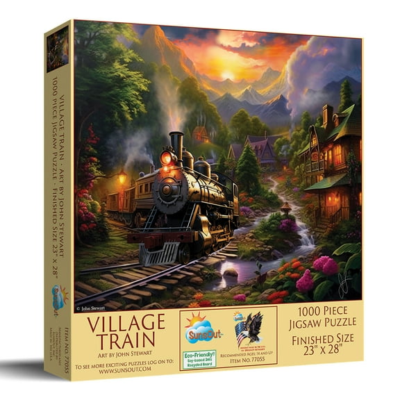SUNSOUT INC - Village Train - 1000 pc Jigsaw Puzzle by Artist: John Stewart - Finished Size 23" x 28" - MPN# 77055